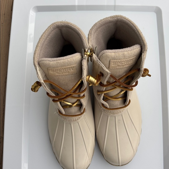 Sperry Duck Boots Womens Sz 10 Beige Canvas Rubber Rain/Snow Lace Up Waterproof - Picture 3 of 9